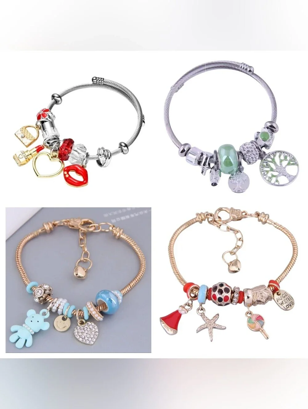 Heart and Teddy Bear Charm Bracelet Yellow Zircon Heart Charm